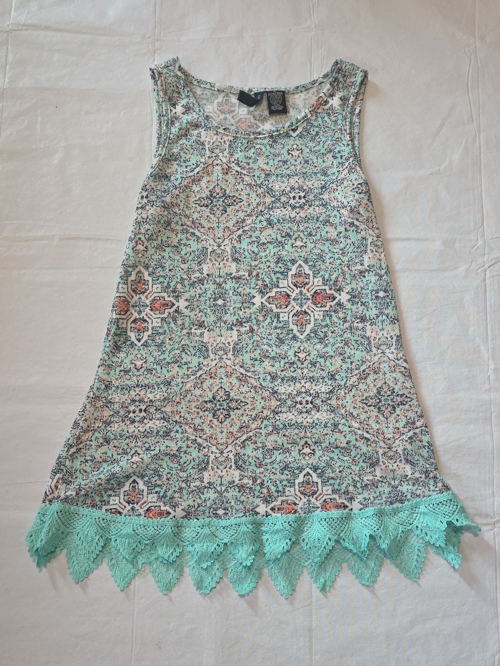 No Comment Women's Soft Knit Tank Top Crocheted Lace Mint Trim M